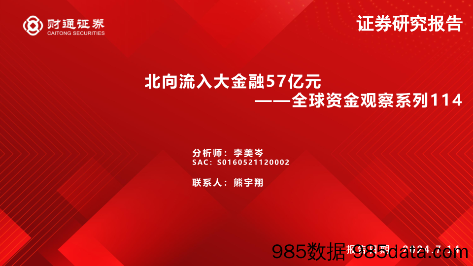 全球资金观察系列114：北向流入大金融57亿元-240714-财通证券