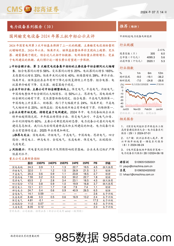 电力设备行业系列报告(30)：国网输变电设备2024年第三批中标公示点评-240714-招商证券