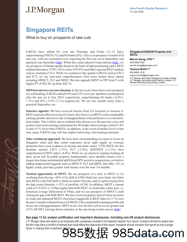 JPMorgan-Singapore REITs What to buy on prospects of rate cuts-109213982