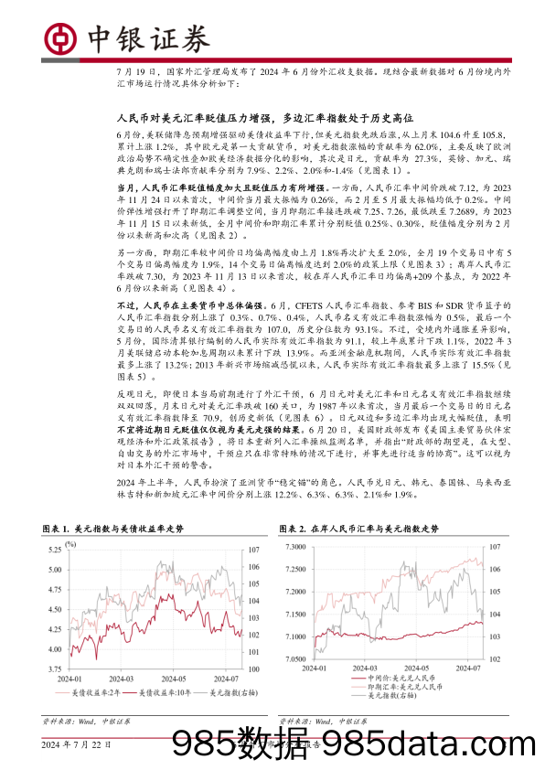 6月外汇市场分析报告：美指意外走高，亚洲货币重新承压，人民币继续维稳，境内再现外汇供求失衡压力-240722-中银证券插图1