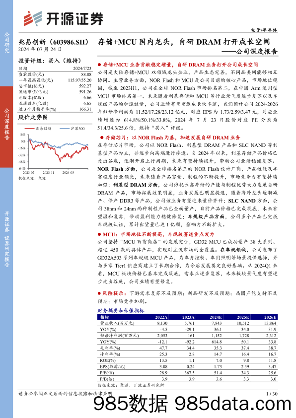 兆易创新(603986)公司深度报告：存储%2bMCU国内龙头，自研DRAM打开成长空间-240724-开源证券