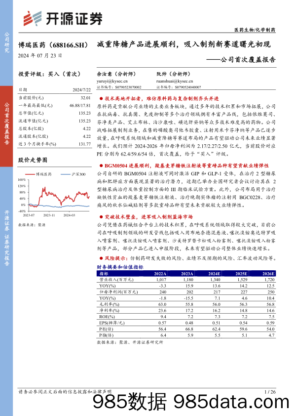 博瑞医药(688166)公司首次覆盖报告：减重降糖产品进展顺利，吸入制剂新赛道曙光初现-240723-开源证券