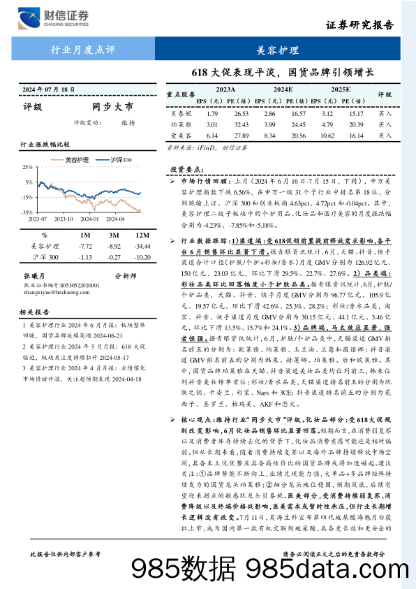 美容护理行业月度点评：618大促表现平淡，国货品牌引领增长-240718-财信证券