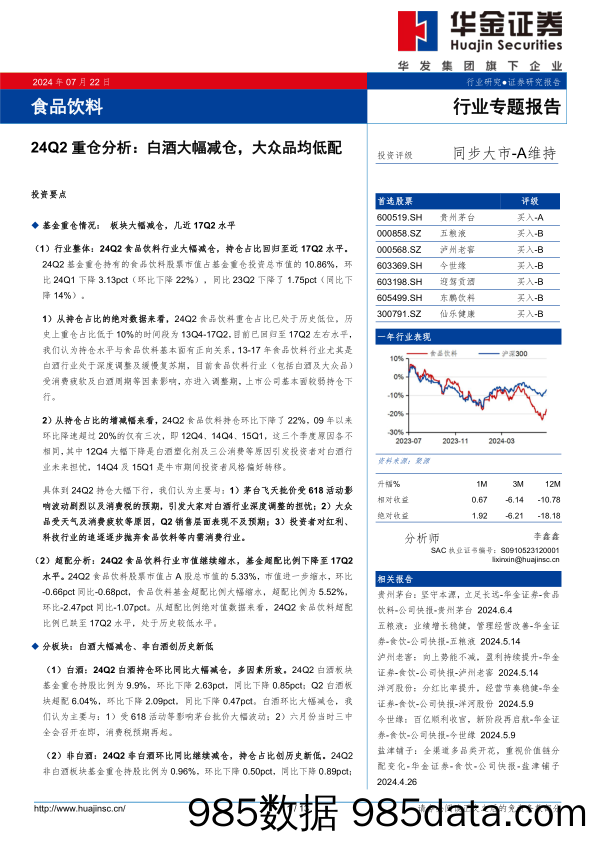 食品饮料行业24Q2重仓分析：白酒大幅减仓，大众品均低配-240722-华金证券