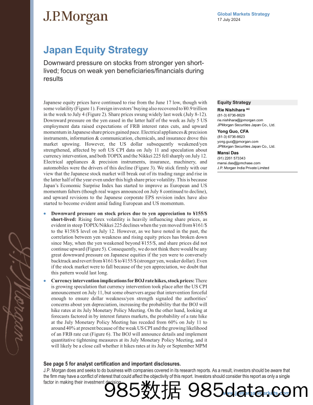 JPMorgan-Japan Equity Strategy Downward pressure on stocks from stron...-109272043