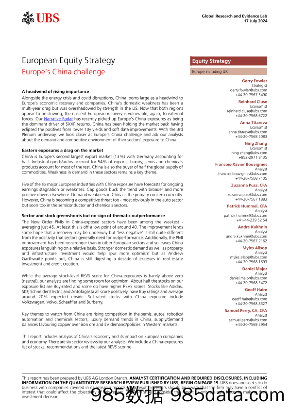 UBS Equities-European Equity Strategy _Europes China challenge_ Fowler-109273441插图