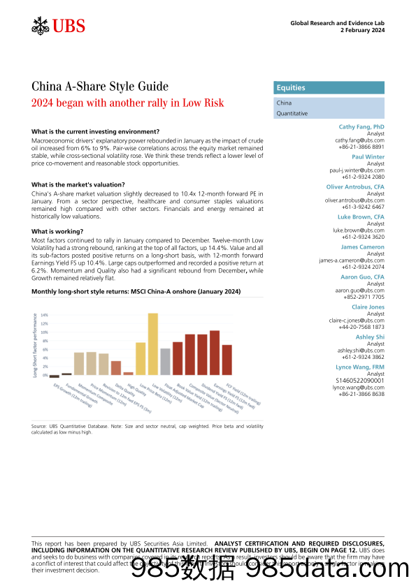 UBS Equities-China A-Share Style Guide _2024 began with another rally in ...-106294995