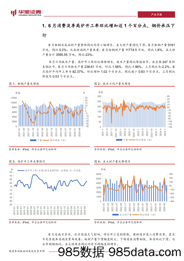 钢铁行业6月月报：需求淡季高炉开工环比增加，钢价承压下行-240723-华宝证券插图3