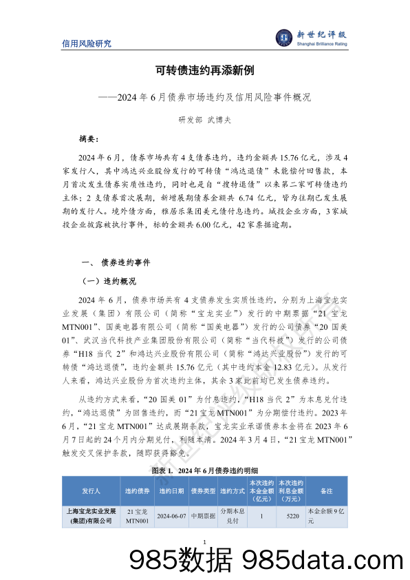 可转债违约再添新例 ——2024年6月债券市场违约及信用风险事件概况