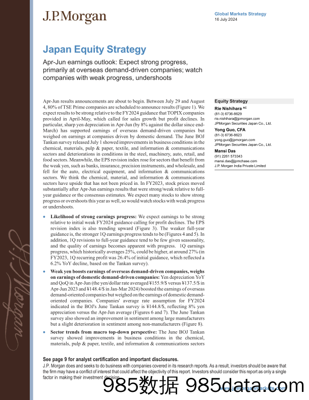 JPMorgan-Japan Equity Strategy Apr-Jun earnings outlook Expect stron...-109235931