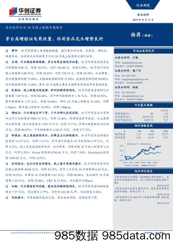 【酒市场研报】食品饮料行业10月线上数据专题报告：茅台高增验证电商放量，休闲食品龙头增势良好-20191111-华创证券