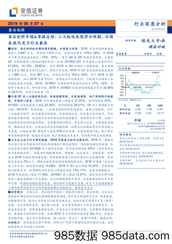 【酒市场研报】食品饮料行业年报-季报总结：三大板块表现符合预期，白酒表现仍是子行业最佳-20190507-安信证券