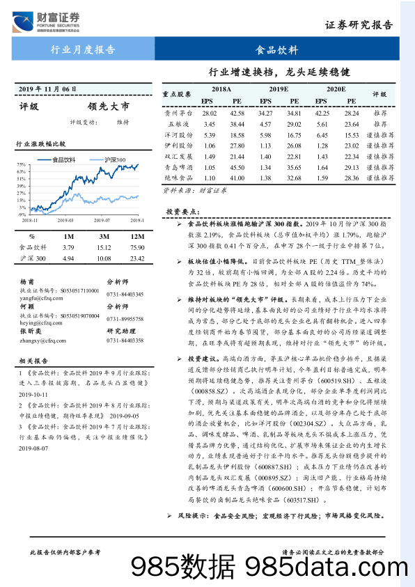 【酒市场研报】食品饮料行业：行业增速换挡，龙头延续稳健-20191106-财富证券