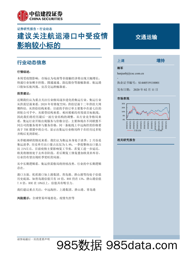 【疫情对行业影响】交通运输行业：建议关注航运港口中受疫情影响较小标的-20200211-中信建投