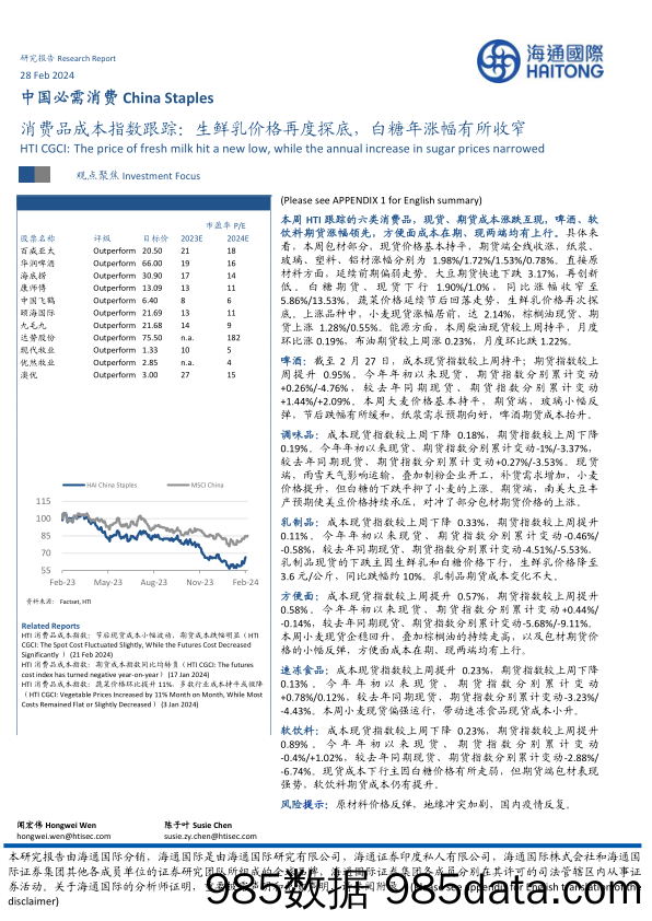 消费品成本指数跟踪：生鲜乳价格再度探底，白糖年涨幅有所收窄-20240228-海通国际