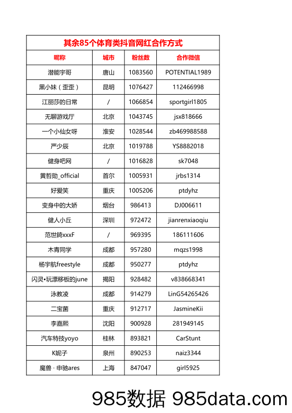 体育类抖音网红  85个