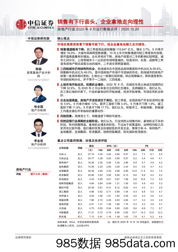 【地产最新研报】房地产行业2020年9月运行数据点评：销售有下行苗头，企业拿地走向理性-20201020-中信证券