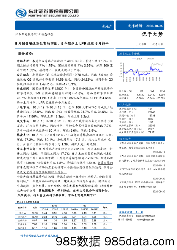 【地产最新研报】房地产行业：9月销售增速高位有所回落，5年期以上LPR连续6月持平-20201026-东北证券