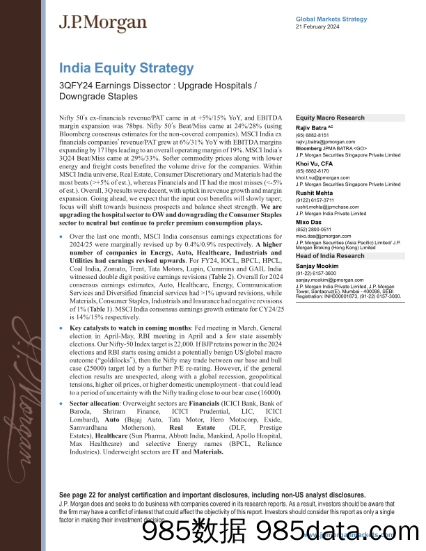 JPMorgan-India Equity Strategy 3QFY24 Earnings Dissector  Upgrade Ho...-106601623