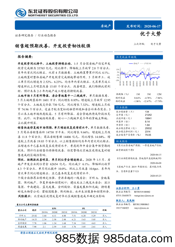 【地产最新研报】房地产行业：销售超预期改善，开发投资韧性较强-20200617-东北证券