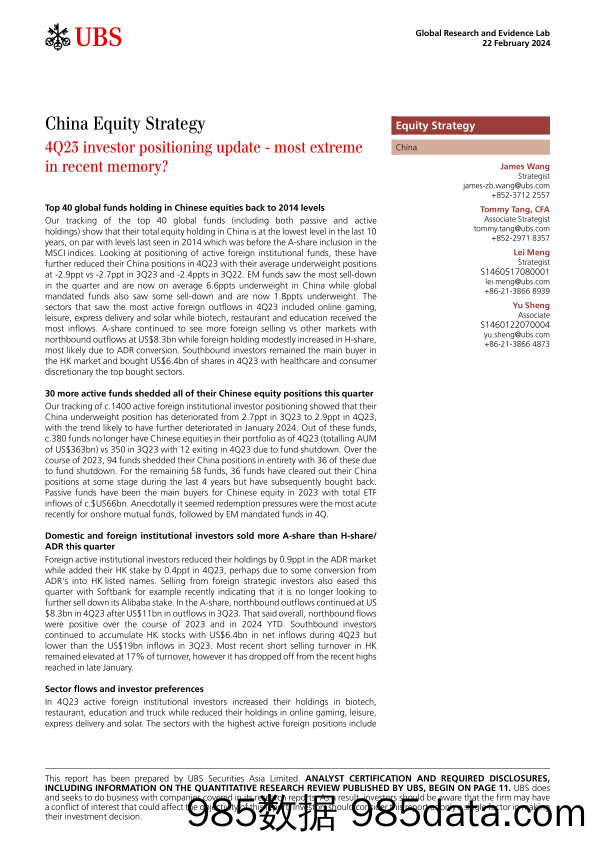 UBS Equities-China Equity Strategy _4Q23 investor positioning update - mo...-106633473