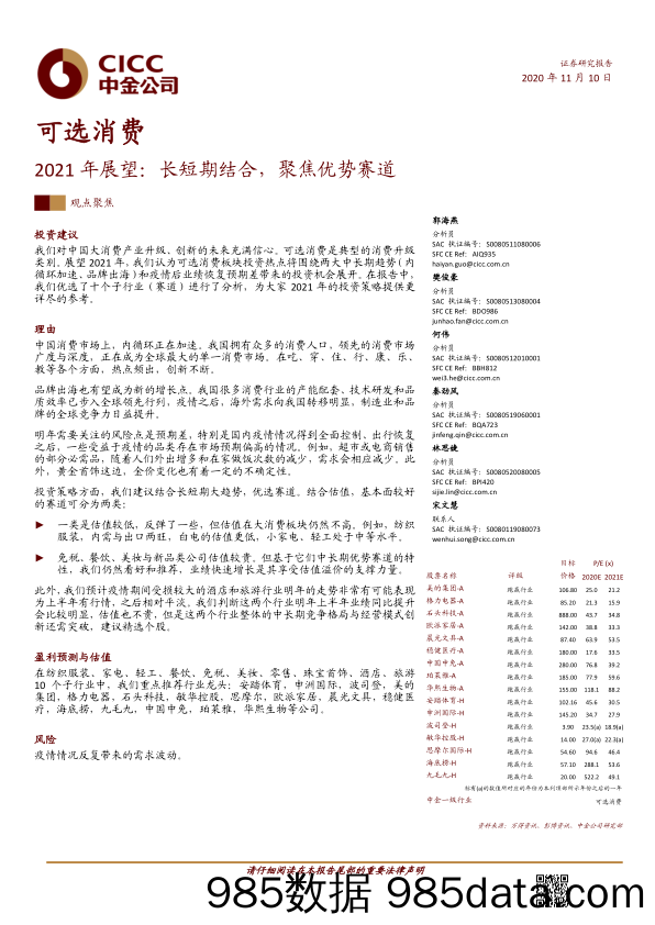 【消费洞察】可选消费行业2021年展望：长短期结合，聚焦优势赛道-20201110-中金公司