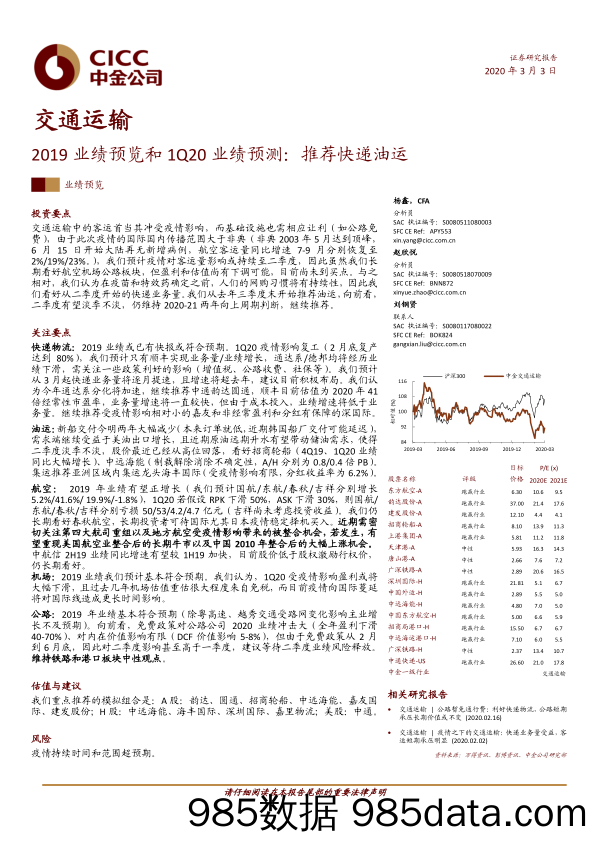 交通运输行业2019业绩预览和1Q20业绩预测：推荐快递油运-20200303-中金公司