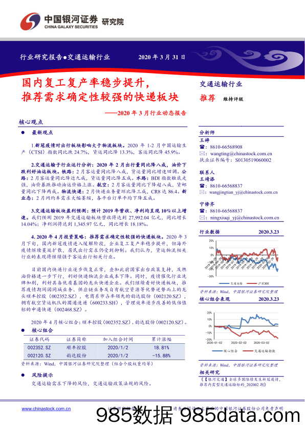 交通运输行业2020年3月行业动态报告：国内复工复产率稳步提升，推荐需求确定性较强的快递板块-20200331-银河证券