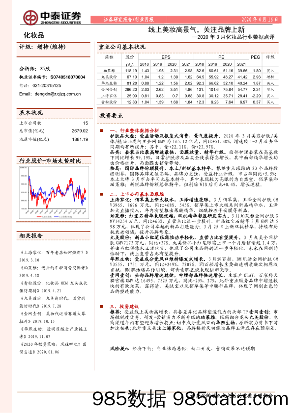 2020年3月化妆品行业数据点评：线上美妆高景气，关注品牌上新-20200416-中泰证券