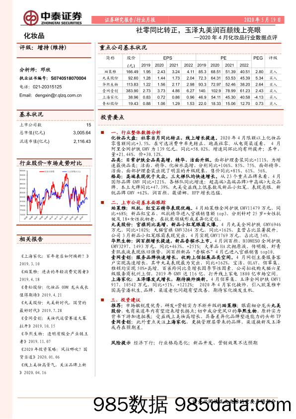 2020年4月化妆品行业数据点评：社零同比转正，玉泽丸美润百颜线上亮眼-20200519-中泰证券