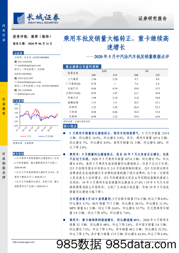 【汽车研报】汽车行业2020年5月中汽协汽车批发销量数据点评：乘用车批发销量大幅转正，重卡继续高速增长-20200611-长城证券