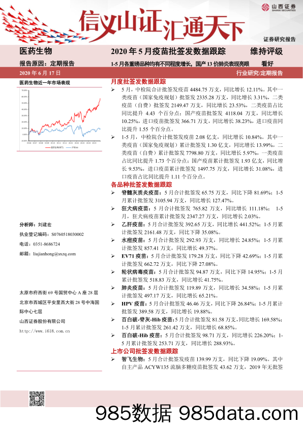 【大数据-研报】医药生物行业2020年5月疫苗批签发数据跟踪：1_5月各重磅品种均有不同程度增长，国产13价肺炎表现亮眼-20200617-山西证券