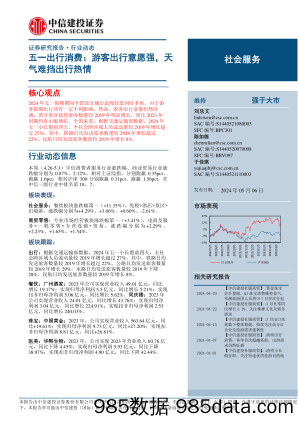 【消费洞察分析报告】社会服务行业-五一出行消费：游客出行意愿强，天气难挡出行热情-240506-中信建投