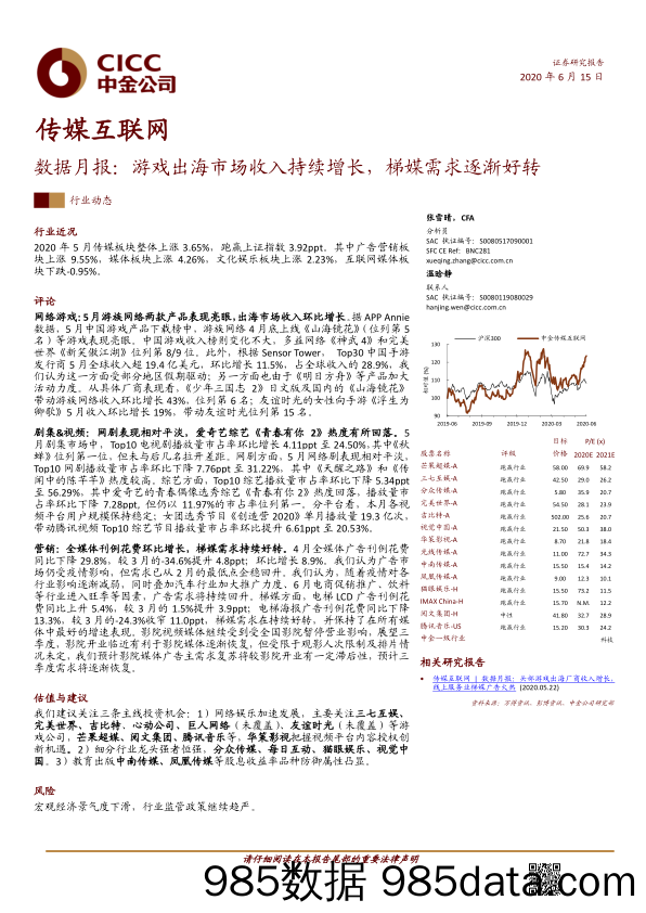 【游戏-最新研报】2020传媒互联网行业数据月报：游戏出海市场收入持续增长，梯媒需求逐渐好转-20200615-中金公司