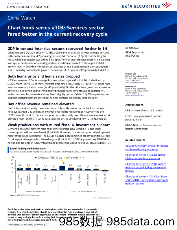 BofA Global Research-China Watch Chart book series #104 Services sector fared b...-