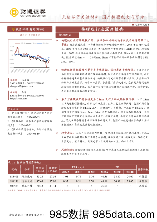 掩膜版行业深度报告：光刻环节关键材料，国产掩膜版大有可为-240307-财通证券