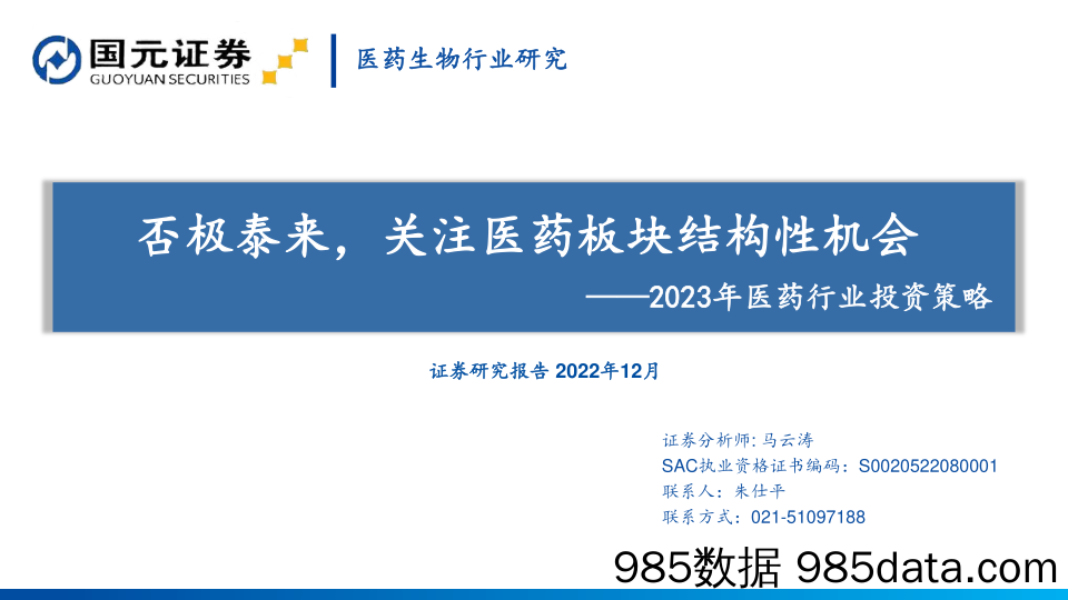 2023年医药行业投资策略：否极泰来，关注医药板块结构性机会-20221213-国元证券