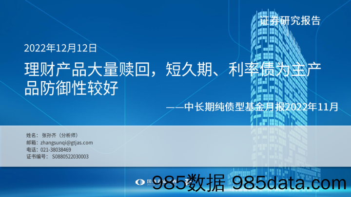 中长期纯债型基金月报2022年11月：理财产品大量赎回，短久期、利率债为主产品防御性较好-20221212-国泰君安