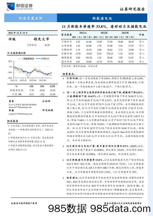 新能源电池行业月度点评：11月新能车渗透率33.8%，看好动力及储能电池-20221214-财信证券插图