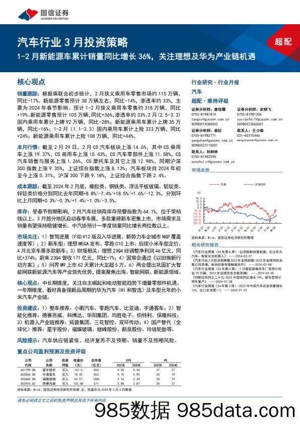 汽车行业3月投资策略：1-2月新能源车累计销量同比增长36%25，关注理想及华为产业链机遇-240307-国信证券