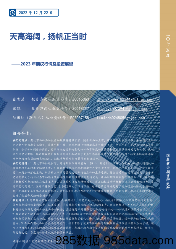 2023年期权行情及投资展望：天高海阔，扬帆正当时-20221222-国泰君安期货