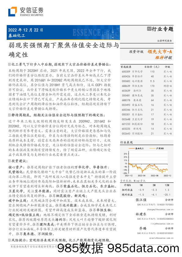 基础化工行业专题：弱现实强预期下聚焦估值安全边际与确定性-20221222-安信证券