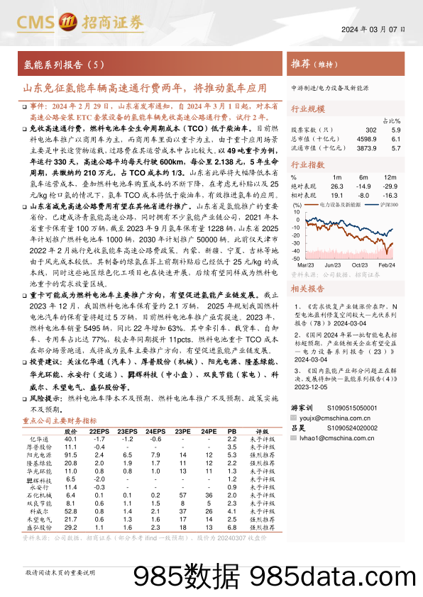 电力设备及新能源行业氢能系列报告(5)：山东免征氢能车辆高速通行费两年，将推动氢车应用-240307-招商证券