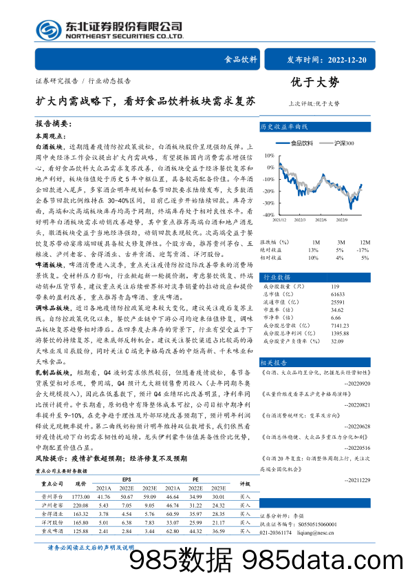 食品饮料行业：扩大内需战略下，看好食品饮料板块需求复苏-20221220-东北证券