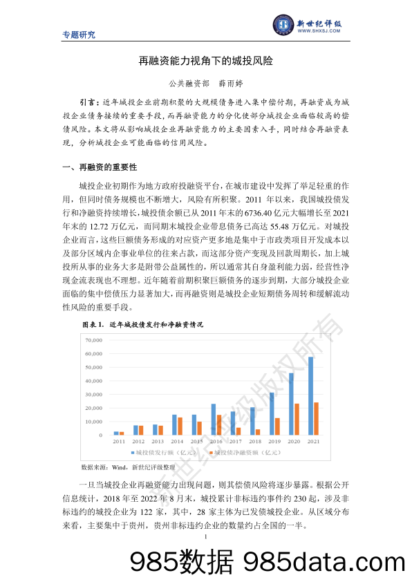 新世纪评级-再融资能力视角下的城投风险