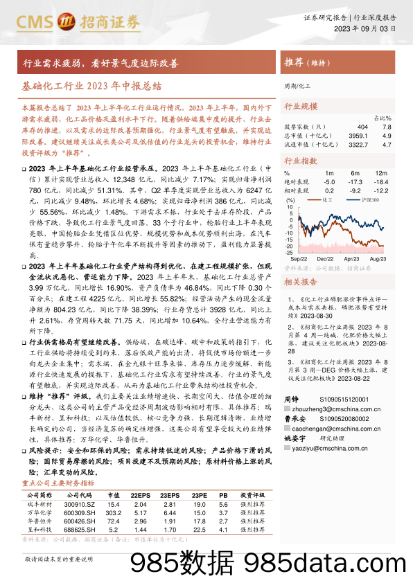 基础化工行业2023年中报总结：行业需求疲弱，看好景气度边际改善-20230903-招商证券