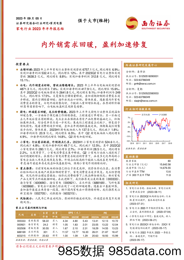 家电行业2023年半年报总结：内外销需求回暖，盈利加速修复-20230905-西南证券