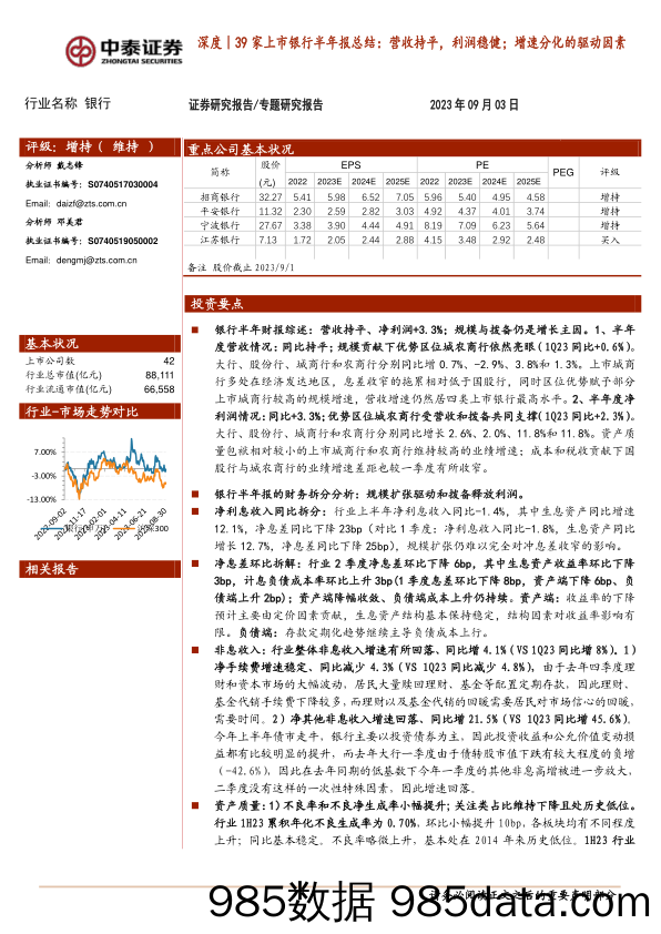 银行业深度｜39家上市银行半年报总结：营收持平，利润稳健；增速分化的驱动因素-20230903-中泰证券