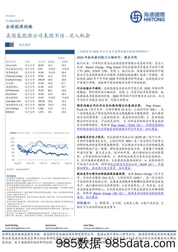 全球能源行业战略：美国氢能源公司表现不佳_买入机会-20230911-海通国际