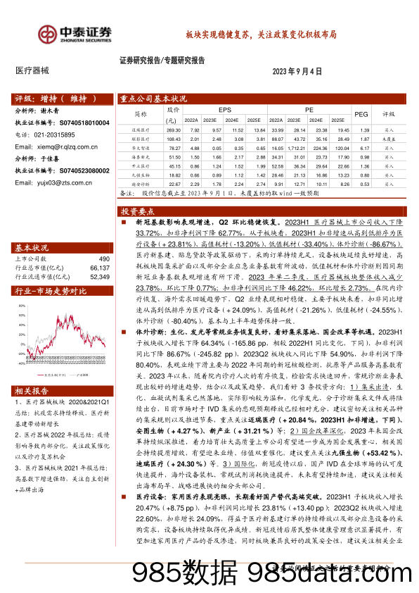 医疗器械行业专题研究报告：板块实现稳健复苏，关注政策变化积极布局-20230904-中泰证券